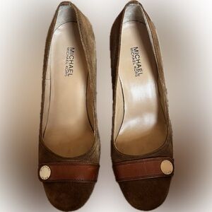 Michael Michael Kors | Brown Suede Pumps | Wooden Heel & Logo Strap | 8.5M